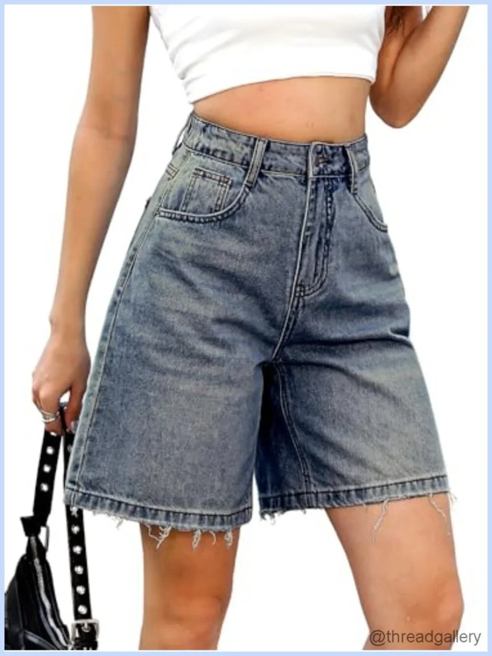 Wide Leg Denim Shorts Baggy Bermuda Knee Length High Rise Stretch